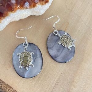2/$29 Handmade Iridescent Oval Shell Mixed Metal Turtle Charm Earrings Artisan